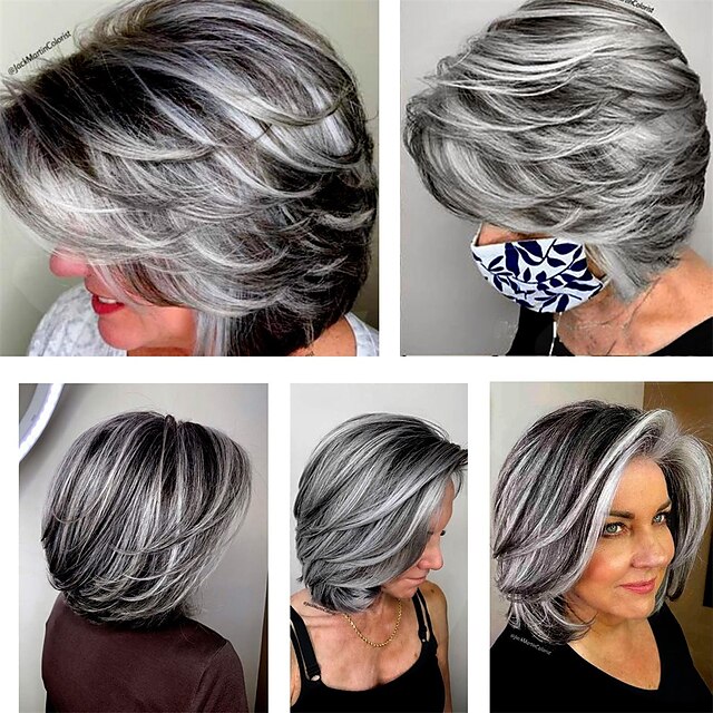 Short Dark Gray Bob Wigs Wavy Layered Bob Wig with Curtain Bangs for ...