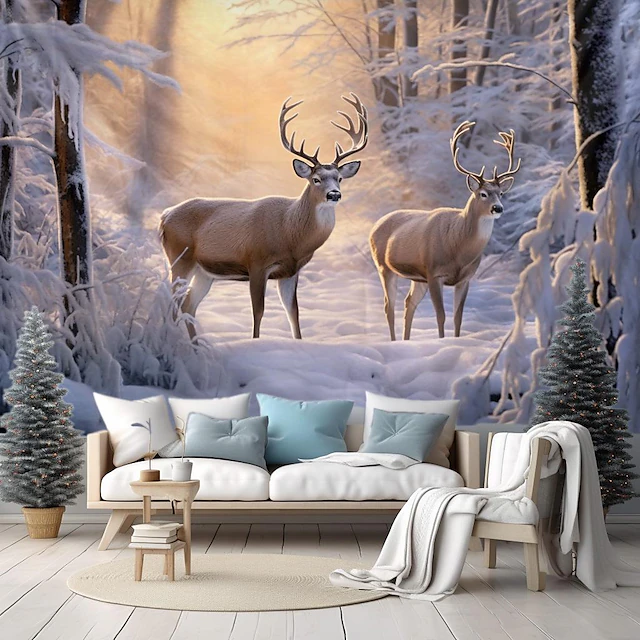 Winter Wonderland Hanging Tapestry Wall Art Large Tapestry Mural Decor Photograph Backdrop Blanket Curtain Home Bedroom Living Room Decoration Snow Reindeer 28