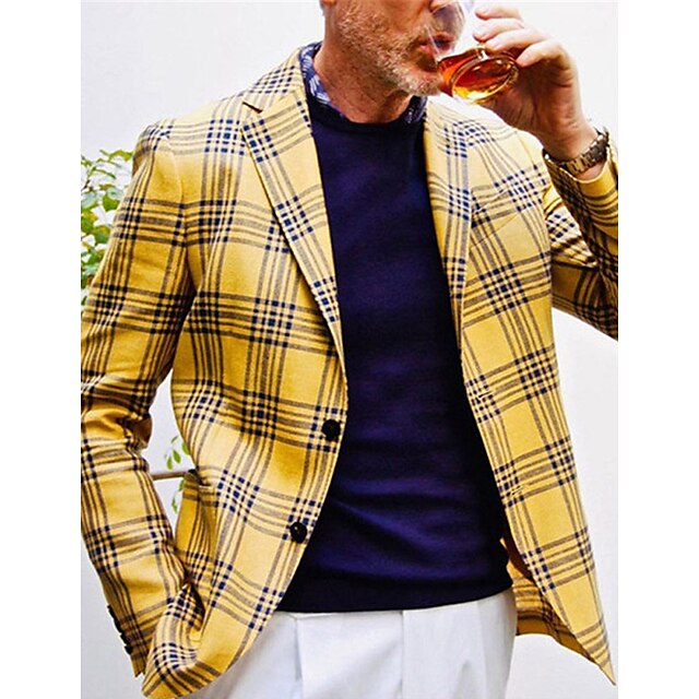  Men's Suits Blazer Formal Evening Wedding Party Birthday Party Spring &  Fall Fashion Casual Plaid / Check Geometic Polyester Casual / Daily Pocket Single Breasted Blazer Yellow