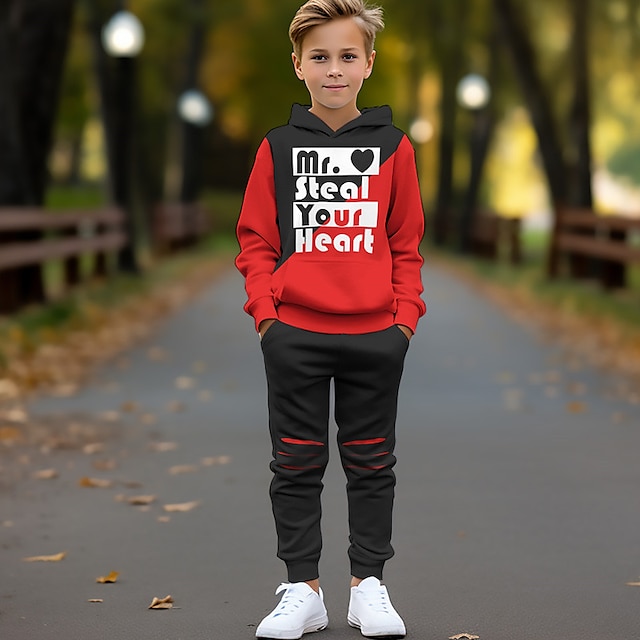  Boys 3D Letter Hoodie & Pants Set Long Sleeve 3D Printing Fall Winter Active Fashion Cool Polyester Kids 3-12 Years Outdoor Street Vacation Regular Fit