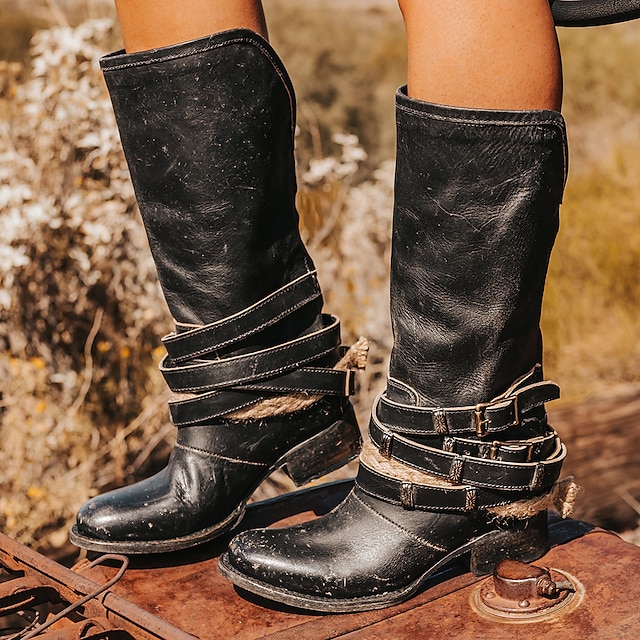  Women's Boots Slouchy Boots Plus Size Riding Boots Outdoor Daily Solid Color Knee High Boots Winter Block Heel Round Toe Elegant Vintage Walking PU Zipper Black Brown