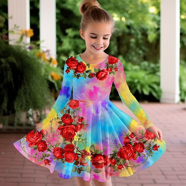  Easter Girls' 3D Floral Graphic Butterfly Dress Long Sleeve 3D Print Summer Fall Vacation Sports & Outdoor Daily Cute Casual Beautiful Kids 3-12 Years Casual Dress A Line Dress Above Knee Regular Fit