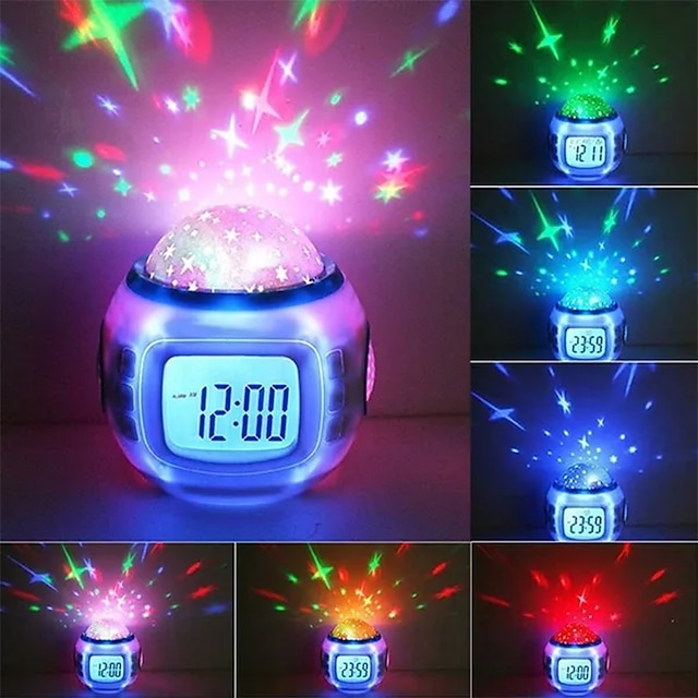  Proyector de cielo estrellado para niños, despertador musical led, calendario multifunción, pantalla de temperatura, luz nocturna, regalo, novedad de 2023