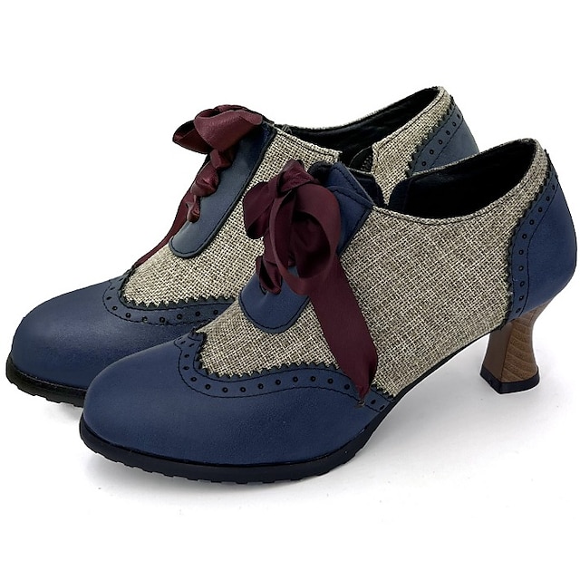  Жен. Обувь на каблуках Балетки Туфли на шнуровке Обувь Bullock Большие размеры Винтажная обувь Для вечеринок Повседневные Сплошной цвет Контрастных цветов Зима На каблуке-рюмочке Круглый носок