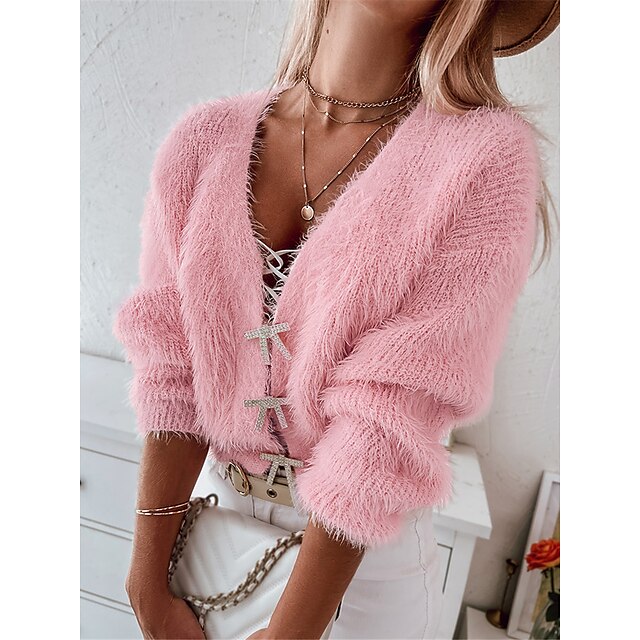  Women's Cardigan Sweater Jumper Fuzzy Knit Patchwork Short V Neck Solid Color Daily Going out Stylish Casual Fall Winter Pink Blue One-Size