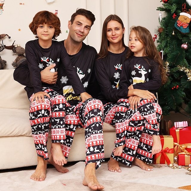  Family Christmas Pajamas Animal School Black Long Sleeve Mommy And Me Outfits Active Matching Outfits