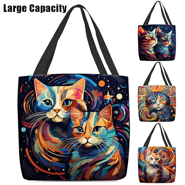  Women's Tote Shoulder Bag Canvas Tote Bag Polyester Outdoor Shopping Holiday Print Large Capacity Foldable Lightweight Cat 3D