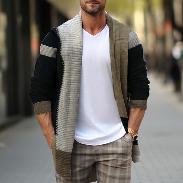  Men's Sweater Cardigan Sweater Ribbed Knit Knitted Tunic Open Front Color Block Daily Wear Going out Warm Ups Modern Contemporary Clothing Apparel Winter Black S M L