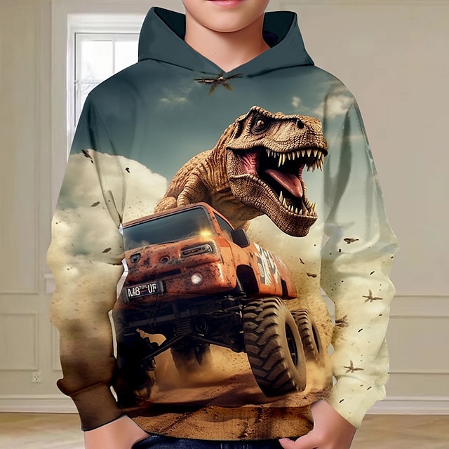  Boys 3D Car Dinosaur Hoodie Pullover Long Sleeve 3D Print Fall Winter Fashion Streetwear Cool Polyester Kids 3-12 Years Outdoor Casual Daily Regular Fit