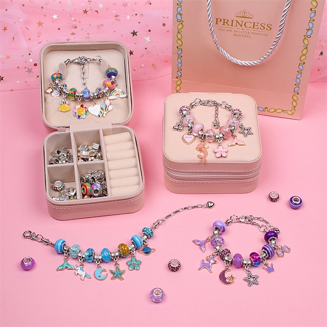  Tillverkningssats för berlockarmband - kit för tillverkning av smycken med pärlor för flickor, enhörning& sjöjungfru presenter leksaker hantverk för flickor födelsedagspresent, festival, nyår med