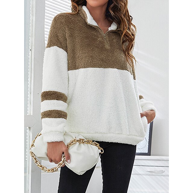  Women's Sweatshirt Pullover Fashion Flannel Pocket Quarter Zip Black Coffee Gray Color Block Casual Sports V Neck Top Long Sleeve Fall & Winter Micro-elastic