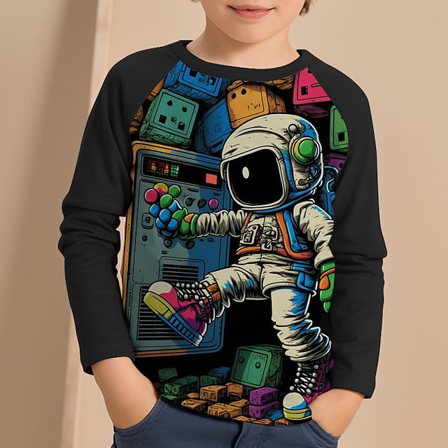  Jungen-3D-Astronauten-Raglanärmel-Shirt, geometrisch, langärmelig, 3D-Druck, Herbst, Winter, Sport, Mode, Streetwear, Polyester, Kinder, 3–12 Jahre, Rundhalsausschnitt, Outdoor, lässig, täglich,