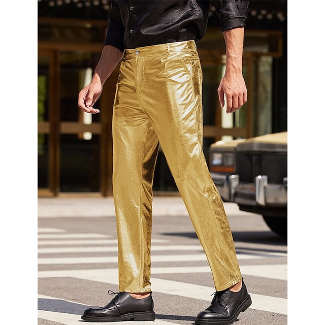  男性用 ズボン フェイクレザーパンツ カジュアルパンツ フロントポケット 平織り 履き心地よい パーティー 日常 祝日 ファッション 輝き シルバー ブラック