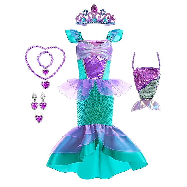  La sirenetta Sirenetta Coda da Sirena Aqua Princess Vestiti Costume da festa a tema Da ragazza Cosplay di film Cosplay Halloween Viola Halloween Carnevale Mascherata Abito Set di accessori