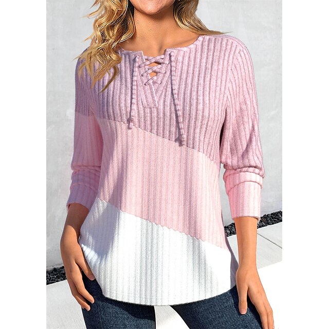  Women's Shirt Blouse Pink Lace up Color Block Casual Long Sleeve V Neck Fashion Regular Fit Spring &  Fall