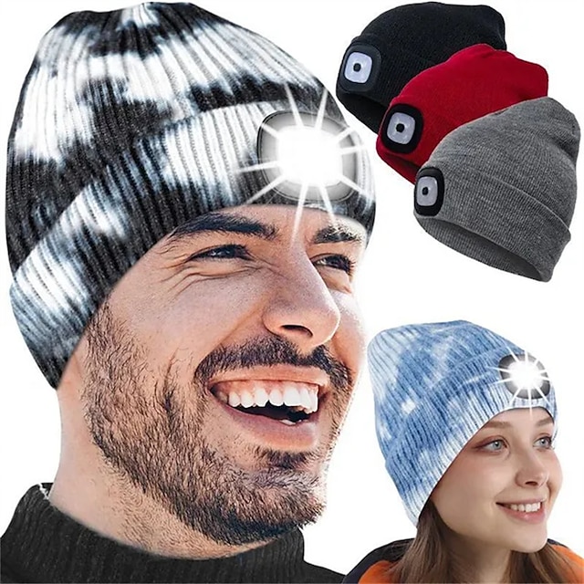  Beanie Hat Unisex with Light USB Rechargeable 4 LEDs Beanie Warm Knit Hat for Dad Father Men Women Husband Knitted Cap Christmas Gifts