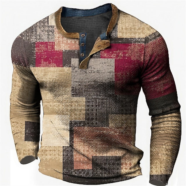  Graphic Patchwork Colorful Fashion Designer Casual 3D Print Men's Sports Outdoor Holiday Festival Henley Shirt Waffle T Shirt T shirt Blue Brown Green Henley Long Sleeve Shirt Spring &  Fall Clothing