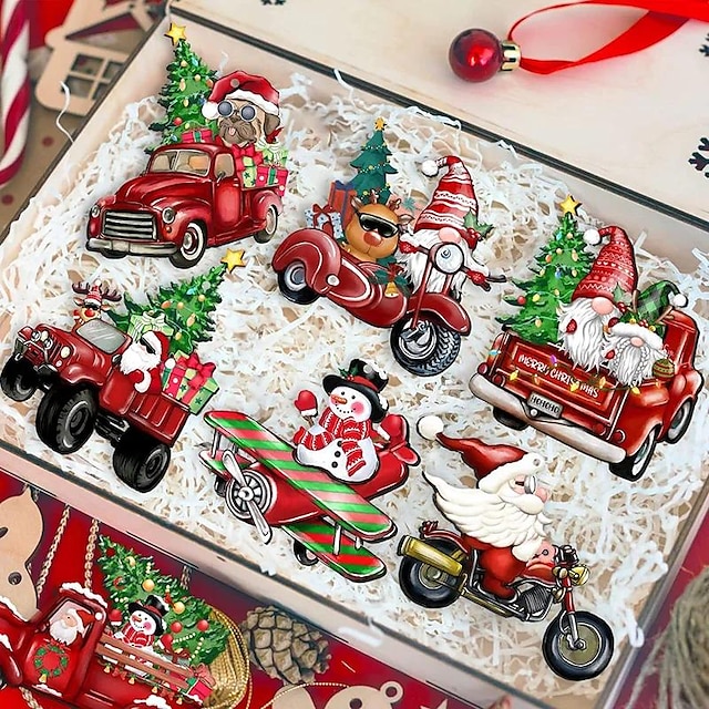  24 pièces/ensemble, ornements suspendus en bois nain de noël, décoration d'arbre de noël, poupée de père noël nain, carte de noël suspendue en bois, accessoires de voiture