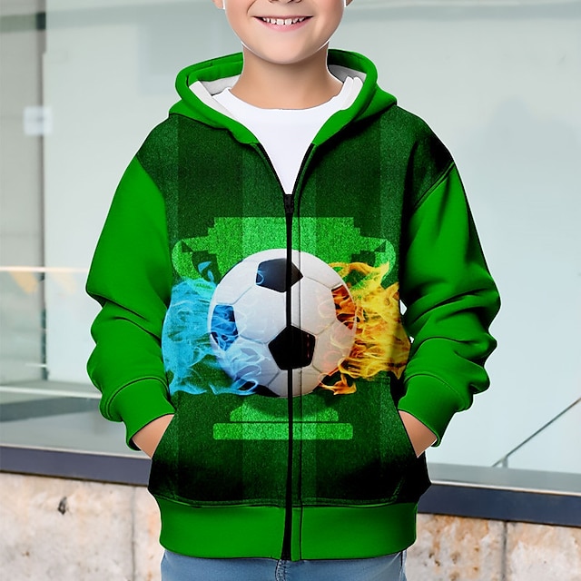  Boys 3D Football Hoodie Coat Outerwear Long Sleeve 3D Print Fall Winter Fashion Streetwear Cool Polyester Kids 3-12 Years Outdoor Casual Daily Regular Fit