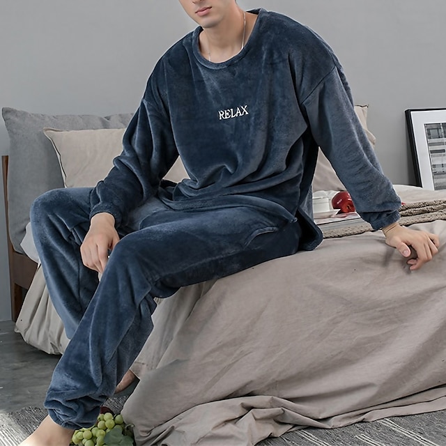  Men's Loungewear Sleepwear Pajama Set Pajama Top and Pant 2 Pieces Plain Stylish Casual Comfort Home Daily Flannel Comfort Crew Neck Long Sleeve Pullover Jogger Pants Elastic Waist Summer Spring Blue