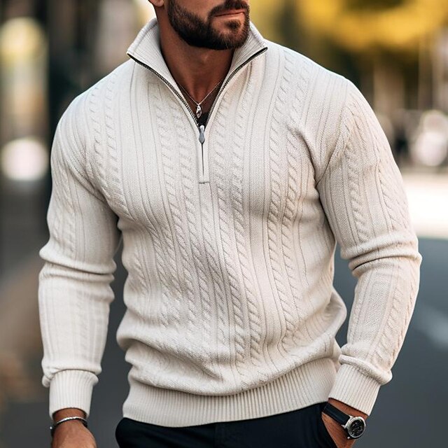  Men's Pullover Sweater Jumper Fall Sweater Cable Knit Zipper Knitted Regular Stand Collar Plain Work Daily Wear Modern Contemporary Clothing Apparel Winter Black Light Grey M L XL