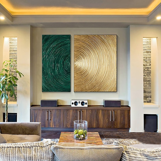  2 set goud groene cirkels handbeschilderd abstracte kunst 3D getextureerde kunst origineel Acryl schilderij 2 stukken bladgoud muur kunst grote woonkamer muur decor (geen frame)