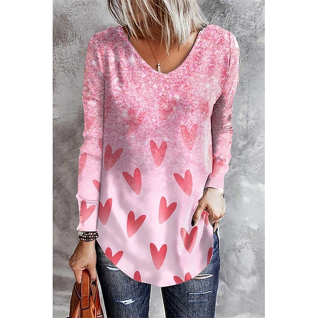  Women's T shirt Tee Pink Print Heart Valentine Weekend Long Sleeve V Neck Fashion Regular Fit Painting Spring &  Fall