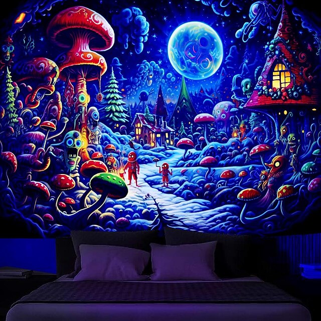 Christmas Blacklight Tapestry UV Reactive Glow in the Dark Snow Trippy ...