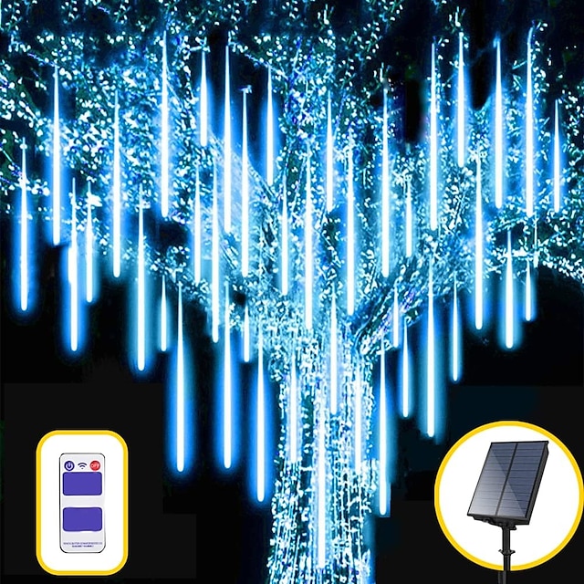  Solar Meteor Shower Rain Lights 30cm/50cm/80cm 8 Tubes Falling Raindrop Fairy String Light Waterproof Plug in Icicle Lights Outdoor for Halloween Christmas Party Patio Decor