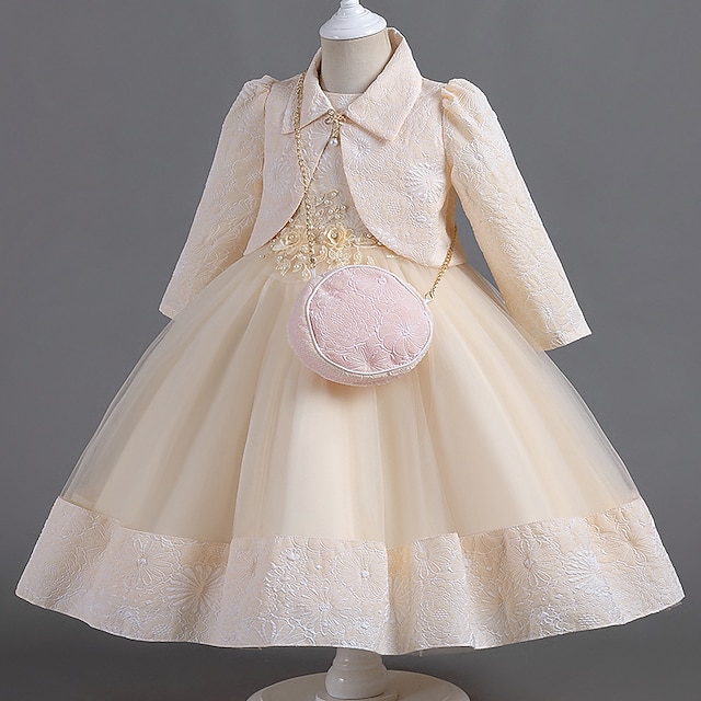  Kids Girls' Party Dress Solid Color Graphic Long Sleeve Formal Performance Wedding Elegant Princess Beautiful Cotton Midi Party Dress Spring Fall Winter 2-8 Years Shrimp powder Champagne Sky Blue