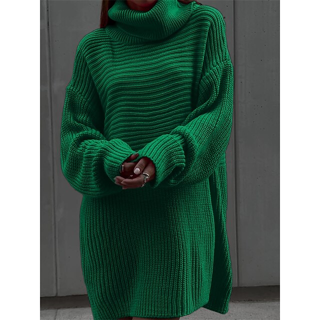  Women's Casual Dress Sweater Dress Winter Dress Patchwork Mini Dress Fashion Streetwear Outdoor Street Daily Long Sleeve Turtleneck Loose Fit 2023 Green Color S M L Size