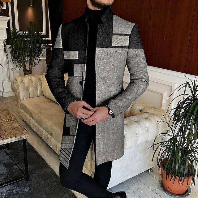  Herr Geometri Vinterkappa Rock Kappa Håller värmen Andningsfunktion Bekväm Affär Ledigt Arbete Klä till Jobbet Utekväll Ficka Mönster Höst vinter Hög krage Långärmad Svart Mörkgrå Grå