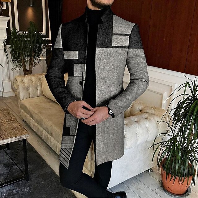 Men's Geometry Winter Coat Overcoat Coat Warm Comfortable Breathable Business Casual Work Wear to work Going out Pocket Print Fall & Winter Stand Collar Long Sleeve Black Dark Gray Gray4