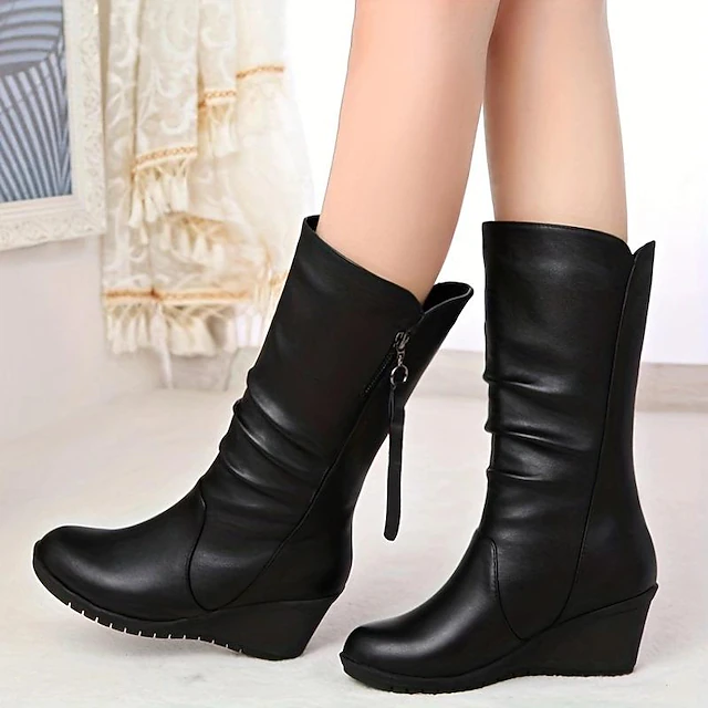 Women's Black Mid - Calf Wedge Boots, Soft Faux Leather with Side Zipper, Stylish & Comfortable for Daily Casual Wear 8