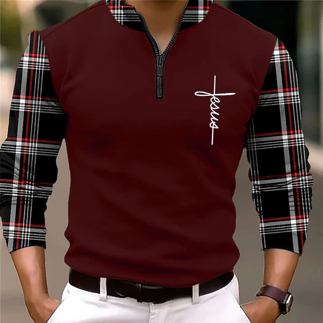 Men's Plaid Faith Zip Polo Golf Polos Shirts Long Sleeve Polo Shirts Zip Vintage Outdoor Casual Daily Streetwear 3D Print Fall & Winter Black White Wine 5