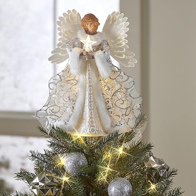  Décoration d'arbre de Noël en forme d'ange à LED avec pic d'arbre de Noël, fées blanches, décoration d'arbre de Noël avec lumière, pendentif couronne d'arbre de fées pour décoration de maison festive.