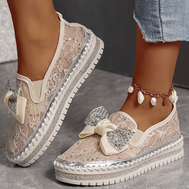  Women's Flats Slip-Ons Loafers Bling Bling Shoes Glitter Crystal Sequined Jeweled Platform Sneakers Party Work Daily Solid Color Rhinestone Bowknot Flat Heel Round Toe Punk Fashion Mesh PU Loafer