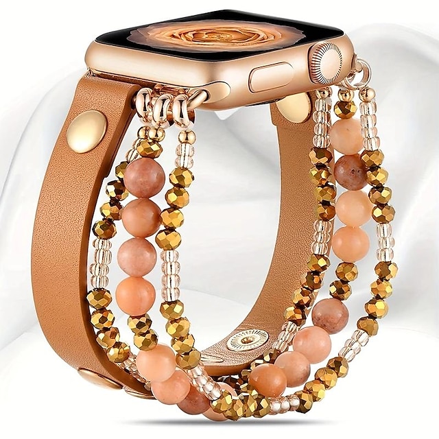  Smart Watch Band For Apple Watch 40mm 38mm 41mm Women, Elastic Beaded Leather Strap For Iwatch SE& Series Ultra 8 7 6 5 4 3 2 1(Brown/Gold,38mm/40/41mm)