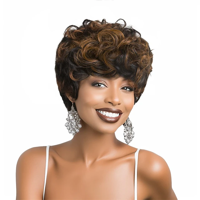 Pixie Cut Straight Wig Short Cut Black Mixed Brown Straight For Black Women Pixie Cut Wig For 7036