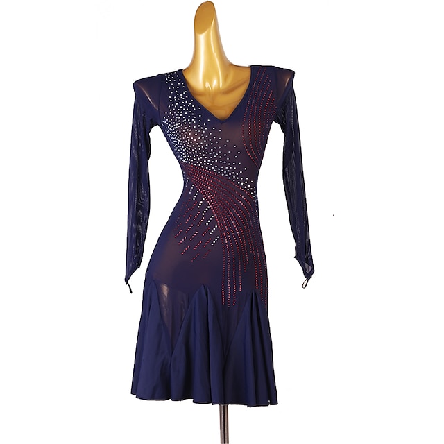  Robe de danse latine pour femmes, avec strass, entraînement de performance, manches longues, tulle élasthanne haut