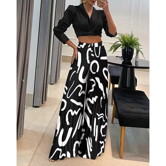  Women's Crop Top Pants Sets Graphic Casual Daily Print Black Long Sleeve Fashion Shirt Collar Spring &  Fall