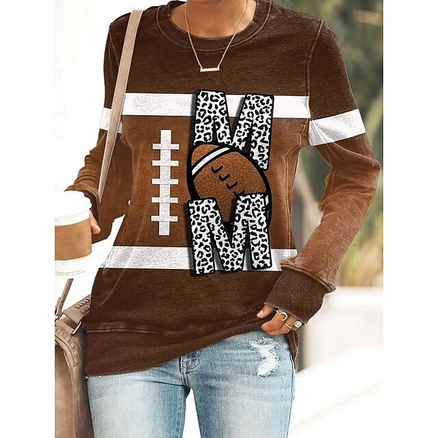  Women's Sweatshirt Pullover Active Coffee Leopard Football Casual Sports Round Neck Top Long Sleeve Fall & Winter Micro-elastic
