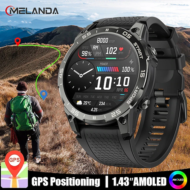 Military GPS Smart Watch for Men, 1.43 AMOLED Screen, Heart Rate, IP68 Waterproof, Compatible with Android iOS 9