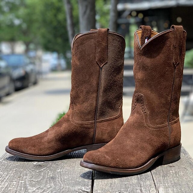 Bottes Cowboy Femme Mi-Mollet - Talon Large, Bout Rond, Style Western/Moto - Semelle Caoutchouc Antidérapante