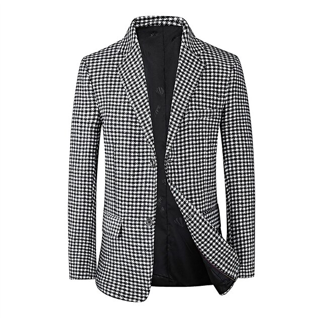  Men's Cocktail Attire Blazer Business Formal Evening Wedding Party Fashion Casual Spring &  Fall Polyester Plaid / Check Geometic Button Pocket Casual / Daily Single Breasted Blazer White Camel Beige
