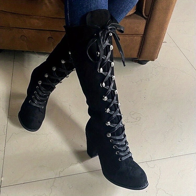  Women's Black Lace-Up Knee-High Boots with Block Heels - Elegant and Edgy for Fall and Winter, Ideal for Casual Wear, Parties, and Nights Out