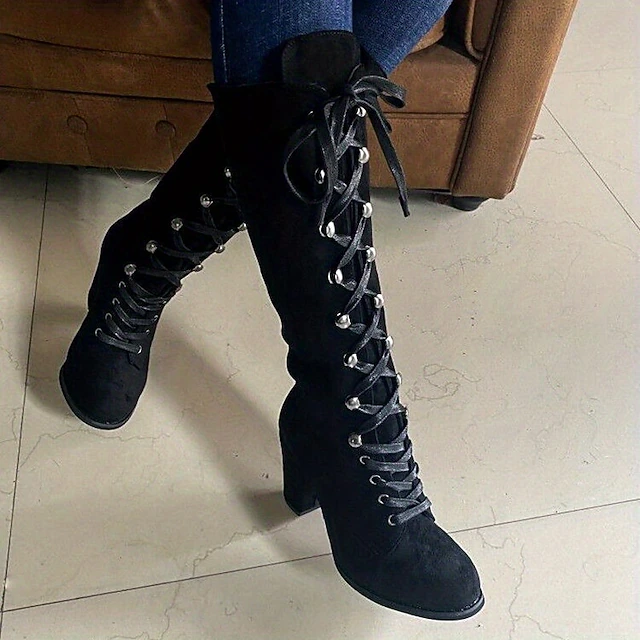 Women's Black Lace-Up Knee-High Boots with Block Heels - Elegant and Edgy for Fall and Winter, Ideal for Casual Wear, Parties, and Nights Out 17