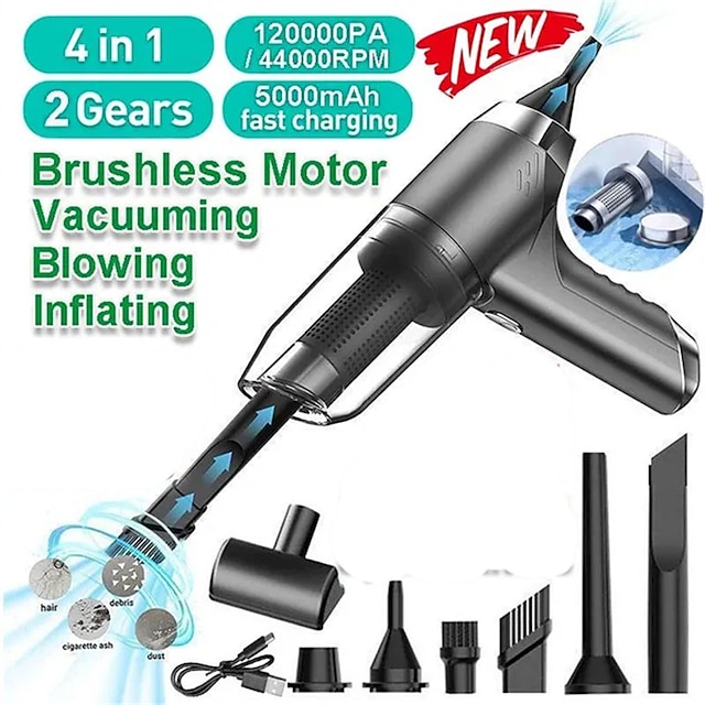  120000PA New 4-in-1 Wireless Car Vacuum Cleaner Deluxe Set with Storage Bag andSpare Filters Strong Brushless Motor 2 Gears Multifunctional Vacuuming/Blowing/Inflating/Air Dust Collector Dual Filtrat