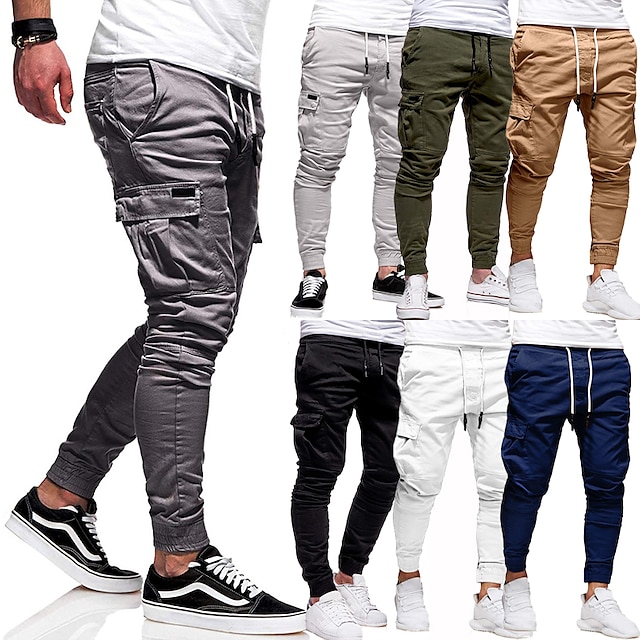  Men's Cargo Pants Cargo Trousers Joggers Trousers Patchwork Zipper Pocket Solid Color Comfort Breathable Casual Daily Streetwear Sports Fashion Black White Micro-elastic