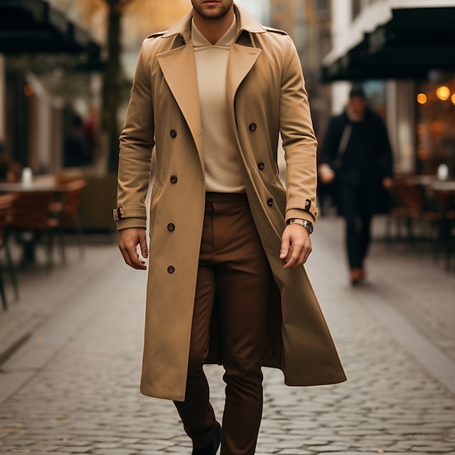  Men's Winter Coat Overcoat Long Trench Coat Outdoor Daily Wear Polyester Fall Winter Thermal Warm Waterproof Outerwear Clothing Apparel Fashion Streetwear Plain Double Breasted Lapel